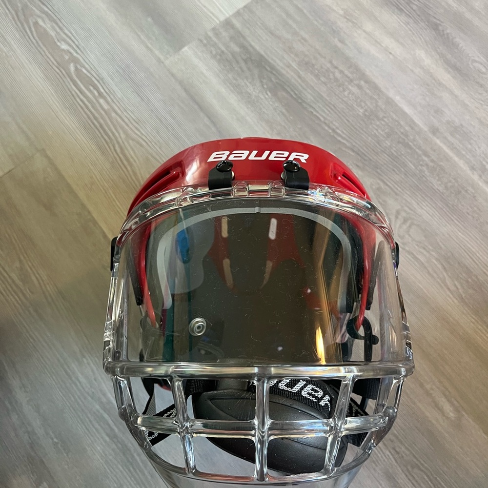 NWOT Bauer red hockey helmet with protector size large or XL